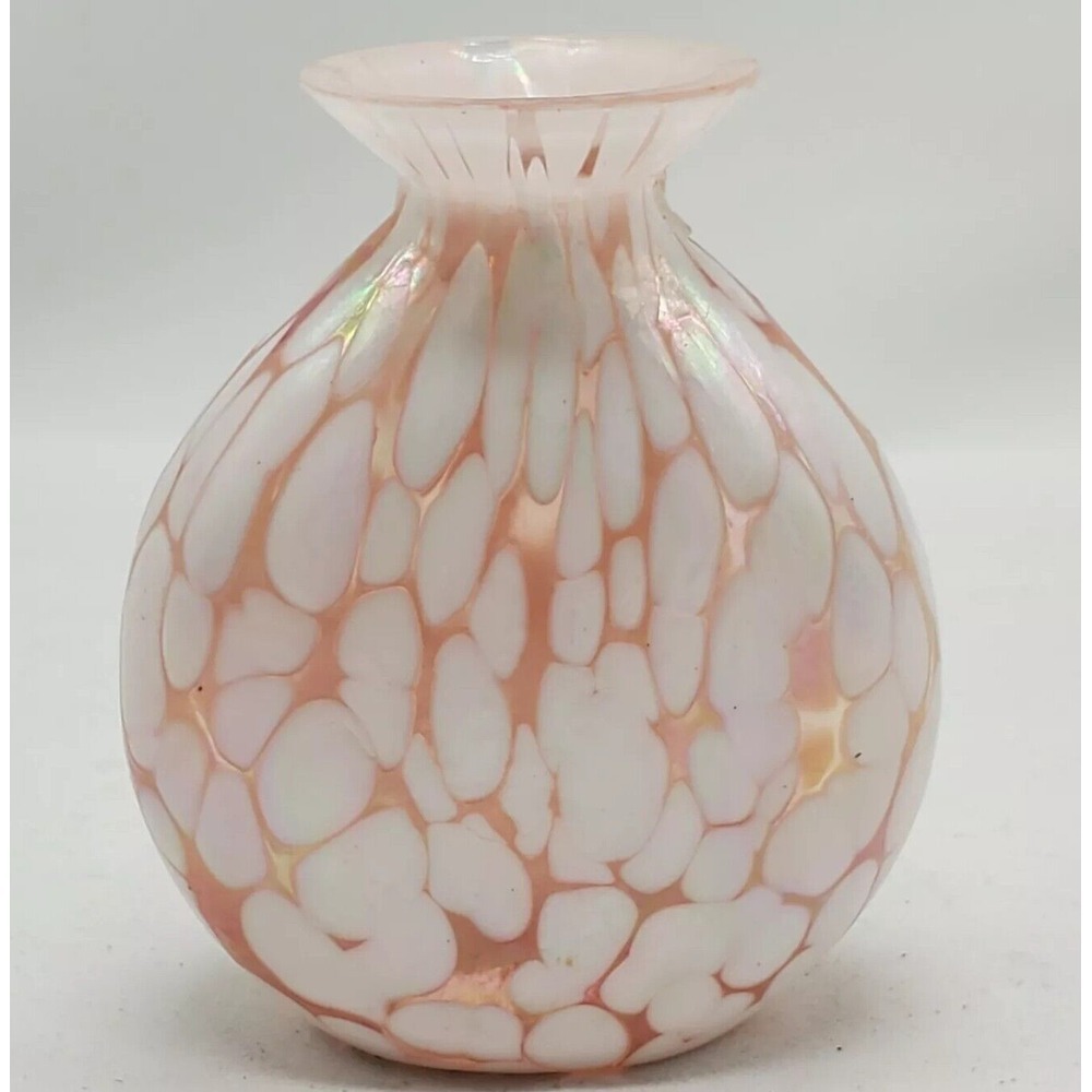 Silvestri Mouth‎ Blown Glass Iridescent Deco Pink/White Vase VINTAGE